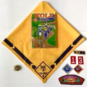 Vintage WOLF Cub Boy Scout 9Pc Lot Neckerchief Scarf, Slide, Book, Patches Badge